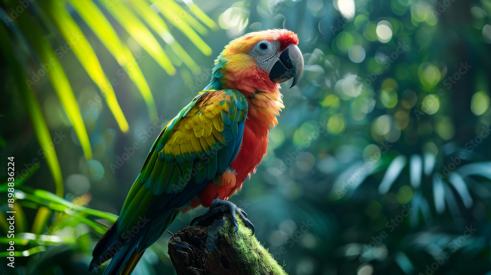 Obraz premium Close-up of a beautiful parrot in the tropics on a tree. Multi-colored bird in natural habitat. Concept of nature, animals.