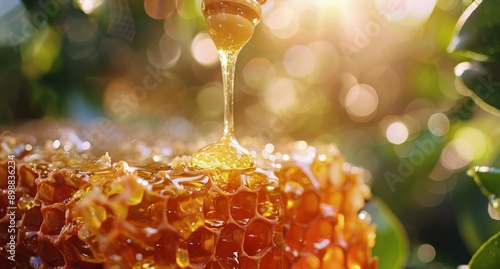 Honey Dripping From a Jar Onto a Honeycomb