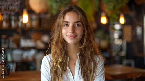 Attractive female entrepreneur in cozy café setting during daytime