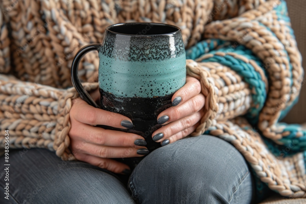 Cozy Afternoon at Home With a Handmade Mug of Tea in Soft Knitted Sweater Cozy Afternoon at Home With a Handmade Mug of Tea in Soft Knitted Sweater