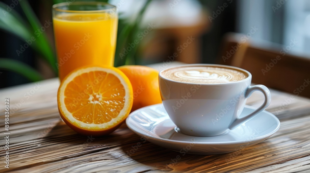 Cappuccino and fresh orange juice on a wooden table in a cozy café setting Cappuccino and fresh orange juice on a wooden table in a cozy café setting