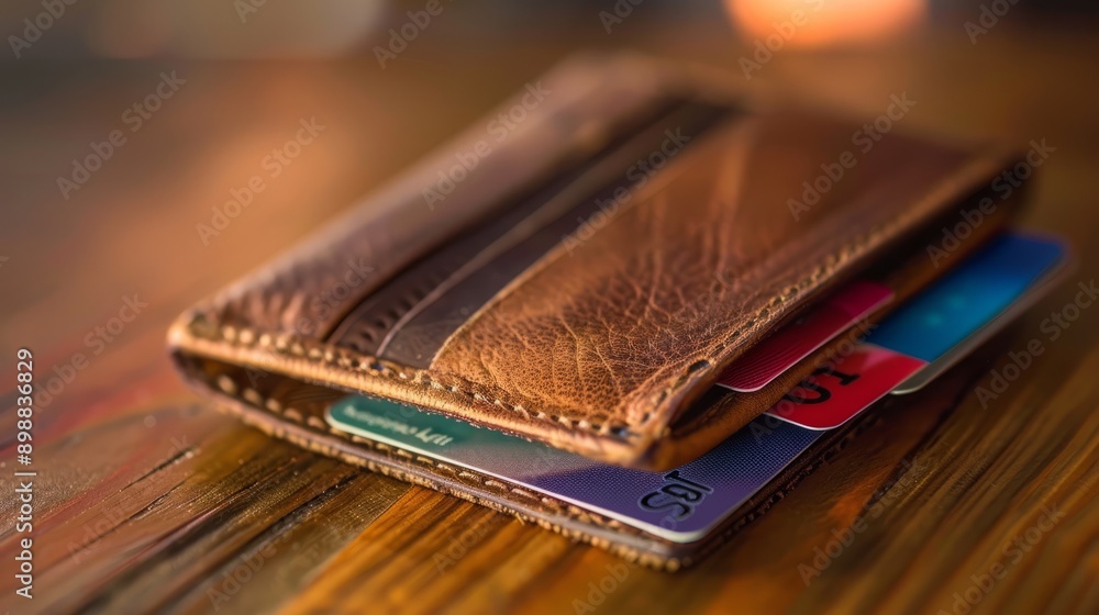 Brown leather wallet on wooden table in studio setting Brown leather wallet on wooden table in studio setting