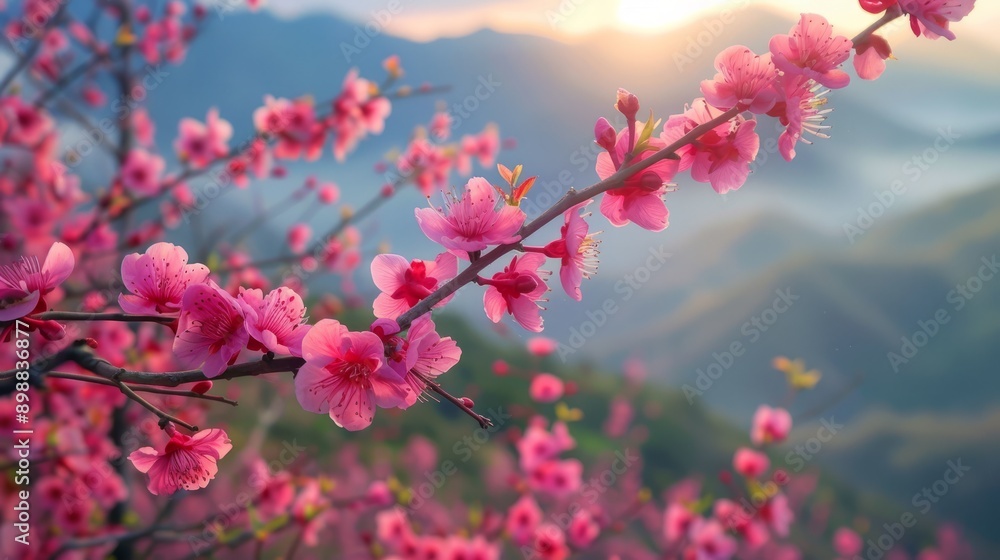 Blooming cherry blossoms against a mountain sunrise