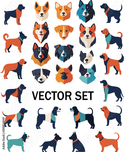 Vector illustration of dogs silhouettes.Vector collection of multi-colored silhouettes of dog breeds.The images are created without the use of any artificial intelligence software at any stage.