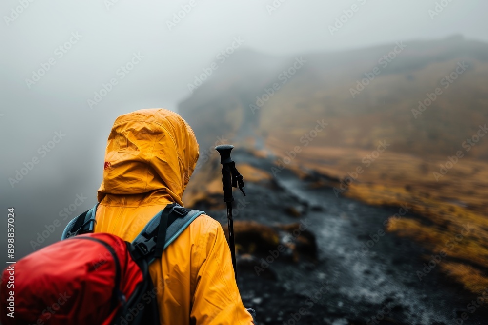 Hiker Wearing Yellow Rain Jacket and Backpack on Misty Mountain Trail in Autumn Hiker Wearing Yellow Rain Jacket and Backpack on Misty Mountain Trail in Autumn