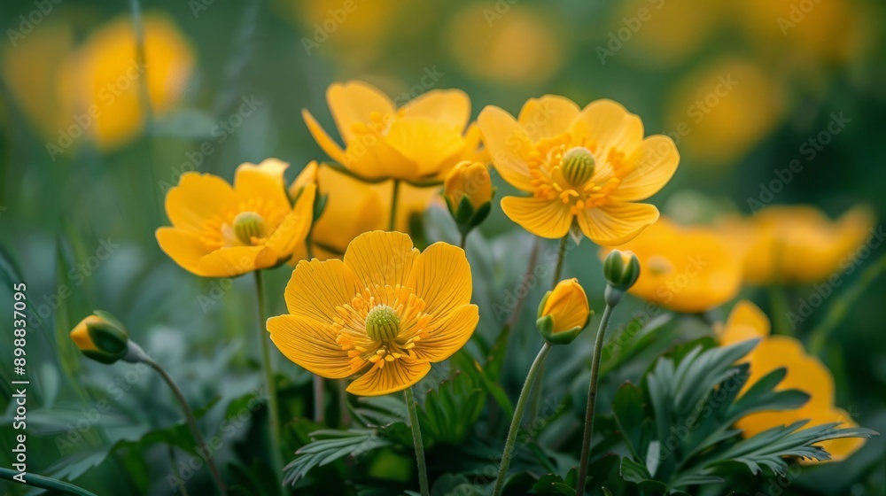 Blooms of adonis vernalis in a verdant meadow during spring Blooms of adonis vernalis in a verdant meadow during spring