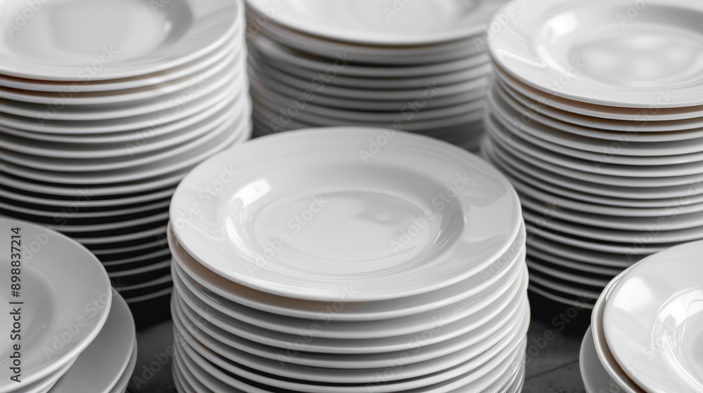 Stacked porcelain dining plates on a white background in a cozy restaurant Stacked porcelain dining plates on a white background in a cozy restaurant