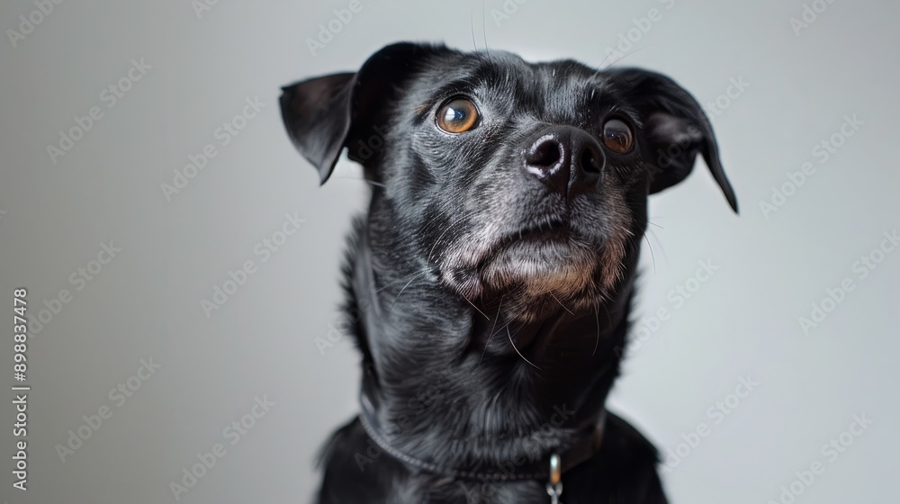 Comical black dog looking curious against a white backdrop Comical black dog looking curious against a white backdrop