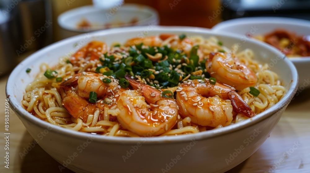 Shrimp noodles in hong kong style served with green onions and toppings Shrimp noodles in hong kong style served with green onions and toppings