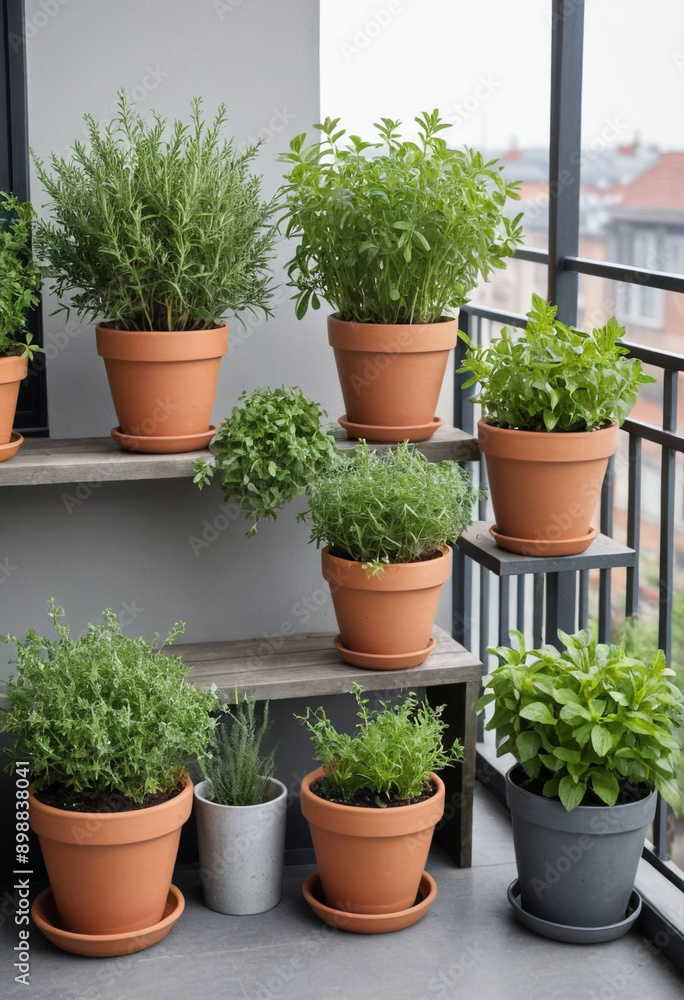 A collection of potted herbs on a balcony. A collection of potted herbs on a balcony.