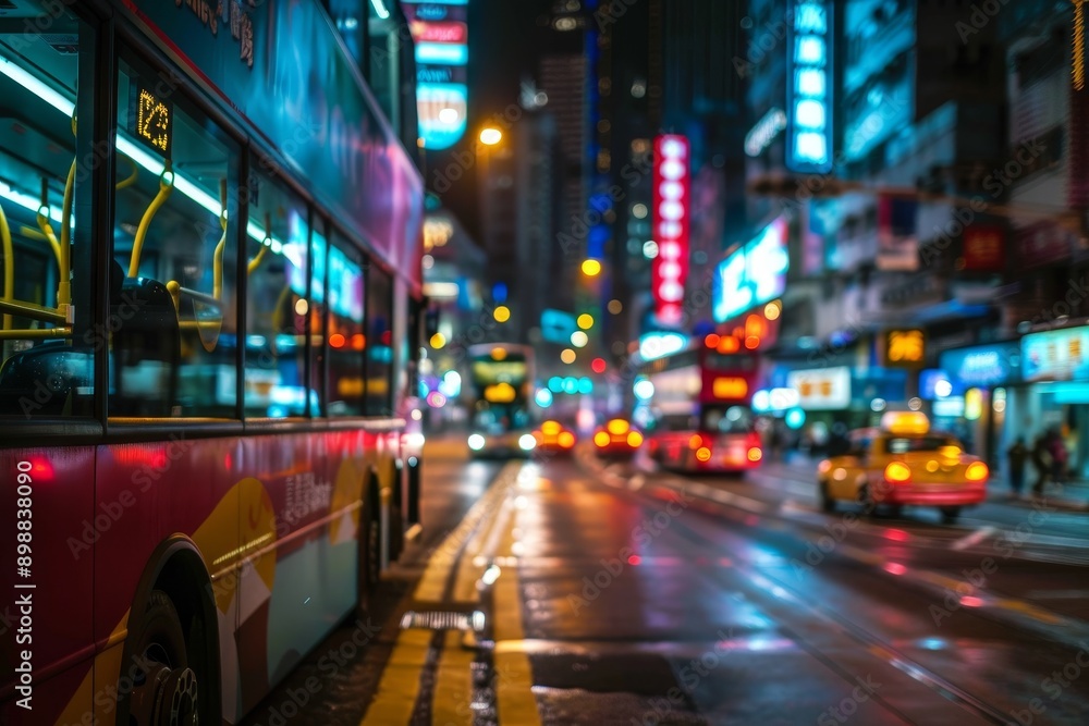 Fototapeta premium Vibrant Nightlife in Hong Kong With Buses and Neon Lights Reflecting on Wet Streets