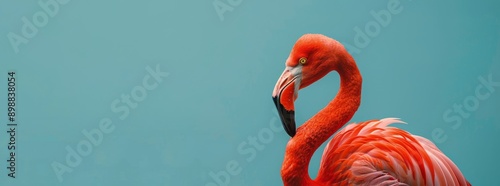 Pink Flamingo With Curved Neck Against Teal Background