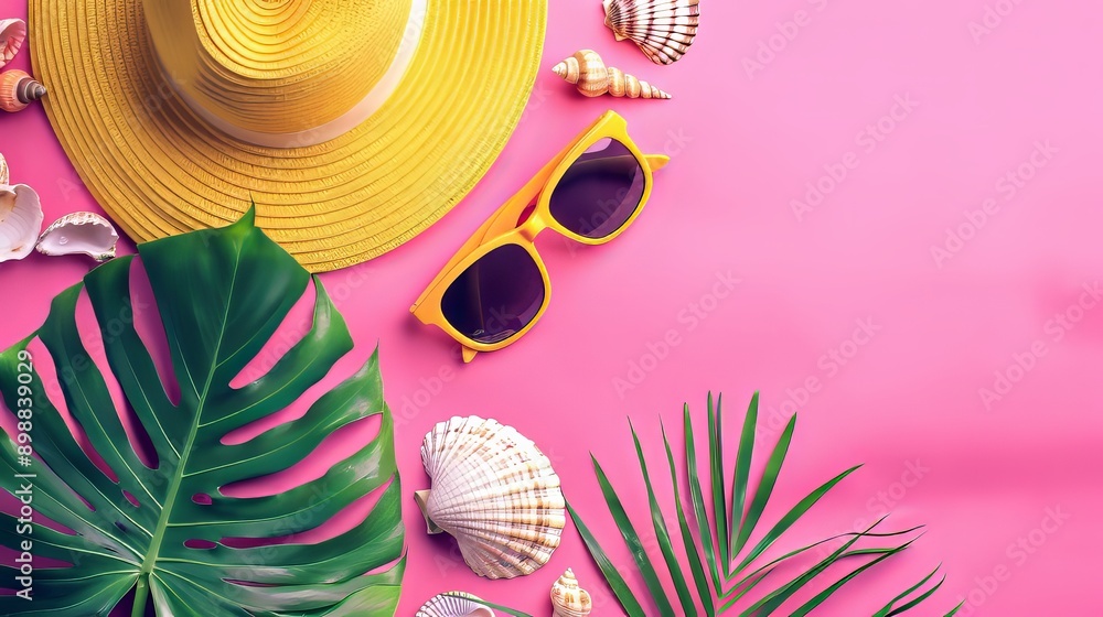 Fototapeta premium summer pink banner with yellow hat ,sunglasses,seashell and monstera leaf on pink background