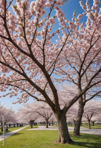  A cherry blossom tree at peak bloom. 