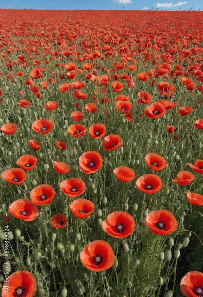 Obraz premium A field of red poppies with a blue sky. 