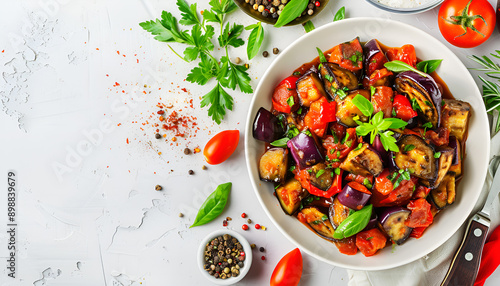 Vegetable stew, saute or caponata. Stewed eggplant with paprika, tomatoes, spices and herbs. White kitchen table background, top view, copy space