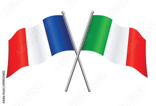 French and Italian flags on flagpoles crossed transparent background