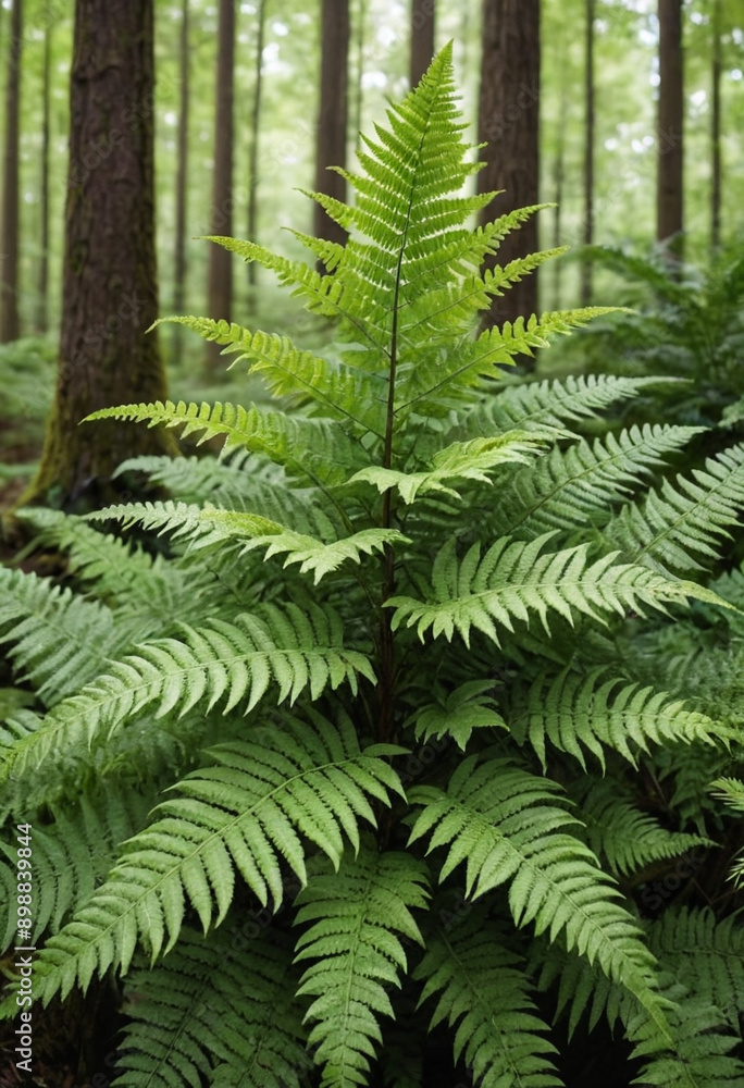A lush green fern in a forest. A lush green fern in a forest.