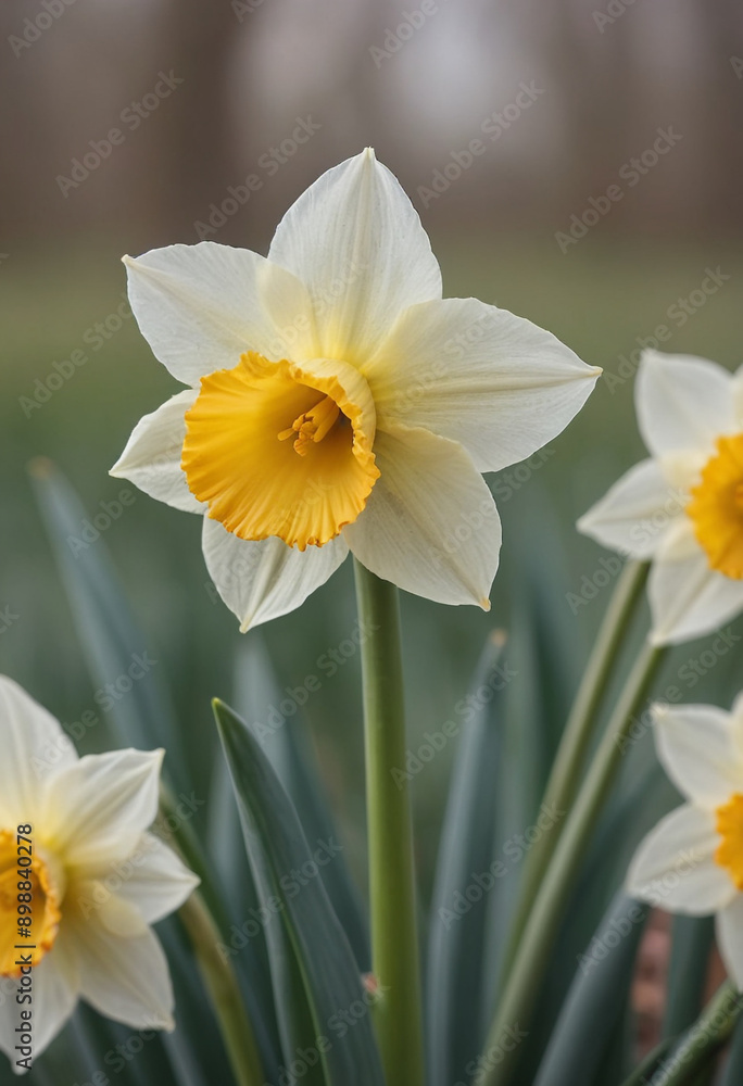 A single daffodil with a blurred background. A single daffodil with a blurred background.