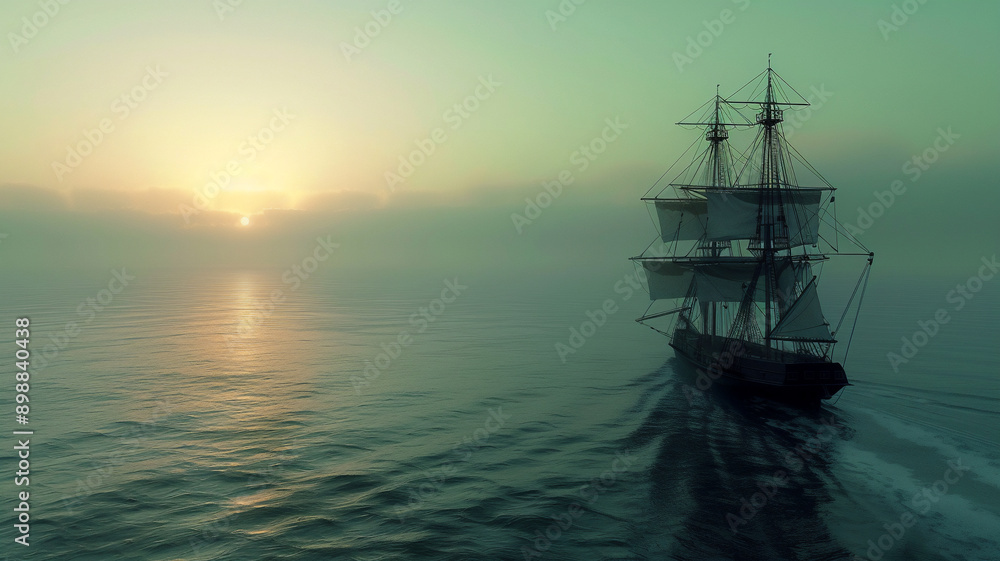 A sailing boat or pirate ship with white multiple masts sailing on a calm and green ocean; seen from just above the ocean at night A sailing boat or pirate ship with white multiple masts sailing on a calm and green ocean; seen from just above the ocean at night