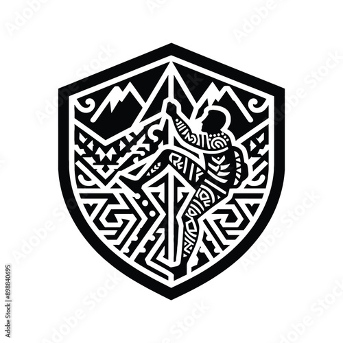 mountain Climbing,  rock climbing  male player in ethnic polynesia pattern illustration, emblem shield badge