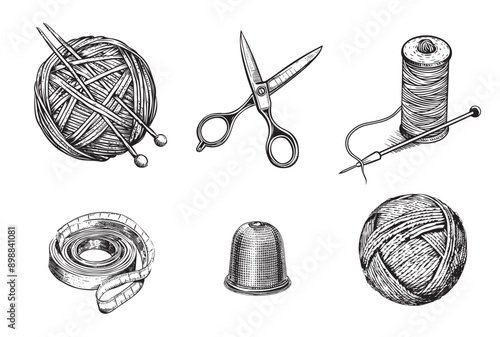 Knitting set sketch. Clews, skeins wool, ball yarn with needles. Tools for handicraft, hand-knitting. Vintage vector