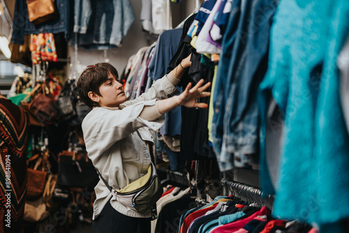 Photography A young individual browsing clothes in a thrift store, exploring second-hand fashion and sustainable shopping options