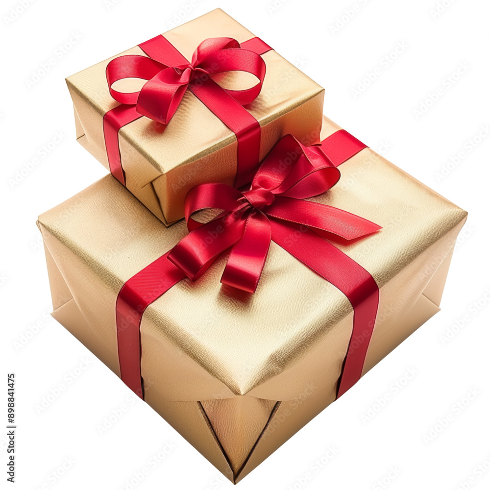 Gold gift box wrapped with red bow and ribbon isolated on white or transparent background png, generative ai Gold gift box wrapped with red bow and ribbon isolated on white or transparent background png, generative ai