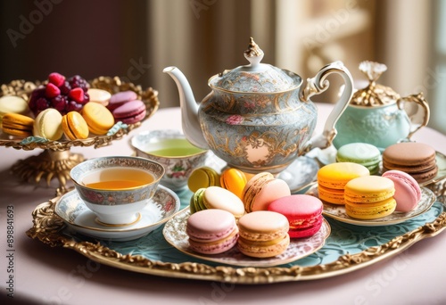 Wallpaper Mural elegant tea set displayed colorful pastries artistically arranged decorative tray, porcelain, cups, saucers, teapot, sweets, dessert, arrangement, gourmet Torontodigital.ca