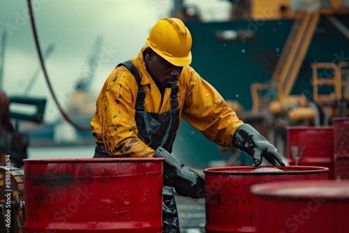 Focused male worker in yellow helmet handles barrels at a shipping yard, showcasing dedication amid challenging weather conditions. photo