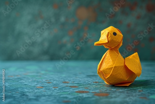 A vibrant origami yellow duck stands out against a textured teal background, embodying playfulness and creativity, perfect for arts and crafts themes. photo