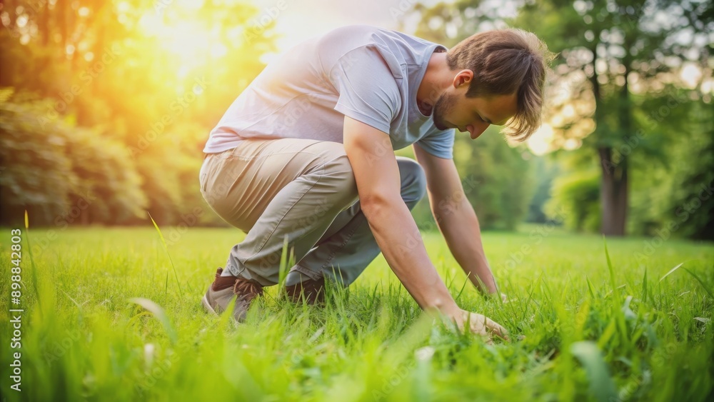 Person kneeling and pulling on grass in an attempt to make it grow faster, grass, growth, effort, gardening, patience Person kneeling and pulling on grass in an attempt to make it grow faster, grass, growth, effort, gardening, patience