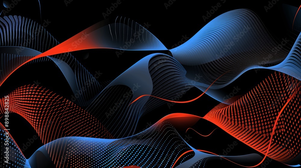 Elegant and dynamic composition of red and blue particles flowing on a black background Elegant and dynamic composition of red and blue particles flowing on a black background