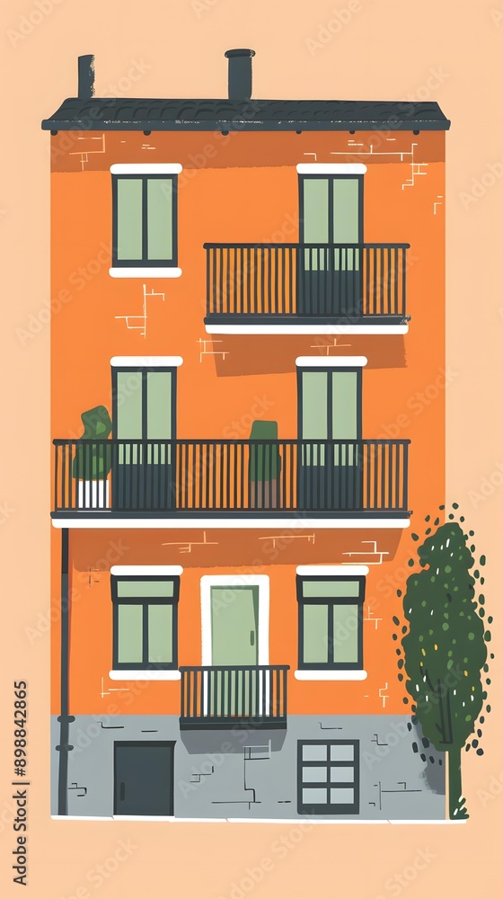 Naklejka premium Orange Facade Building With Balcony