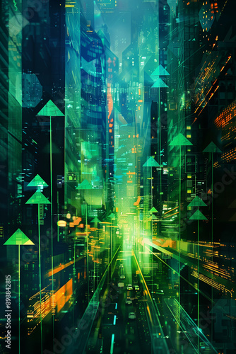 Futuristic cityscape with glowing green and blue arrows, representing progress and data flow in a digital urban environment.