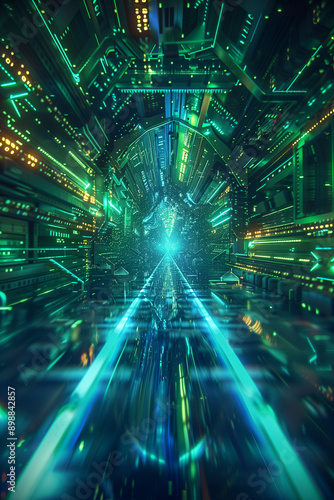 Futuristic neon cyberpunk city tunnel with glowing lights and reflections, depicting a high-tech and immersive digital environment.