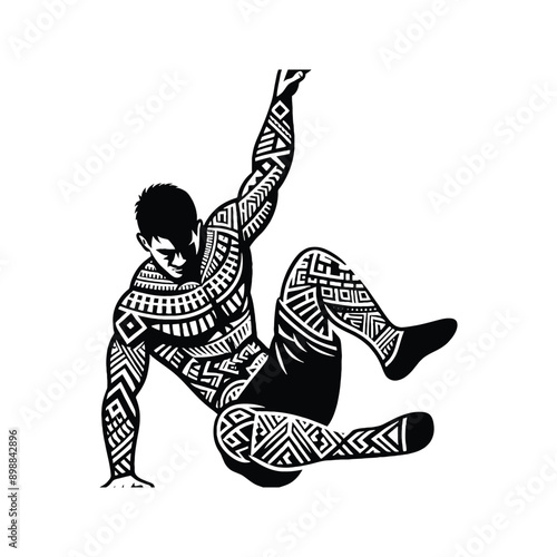 Parkour  male player in ethnic polynesia pattern illustration, emblem shield badge