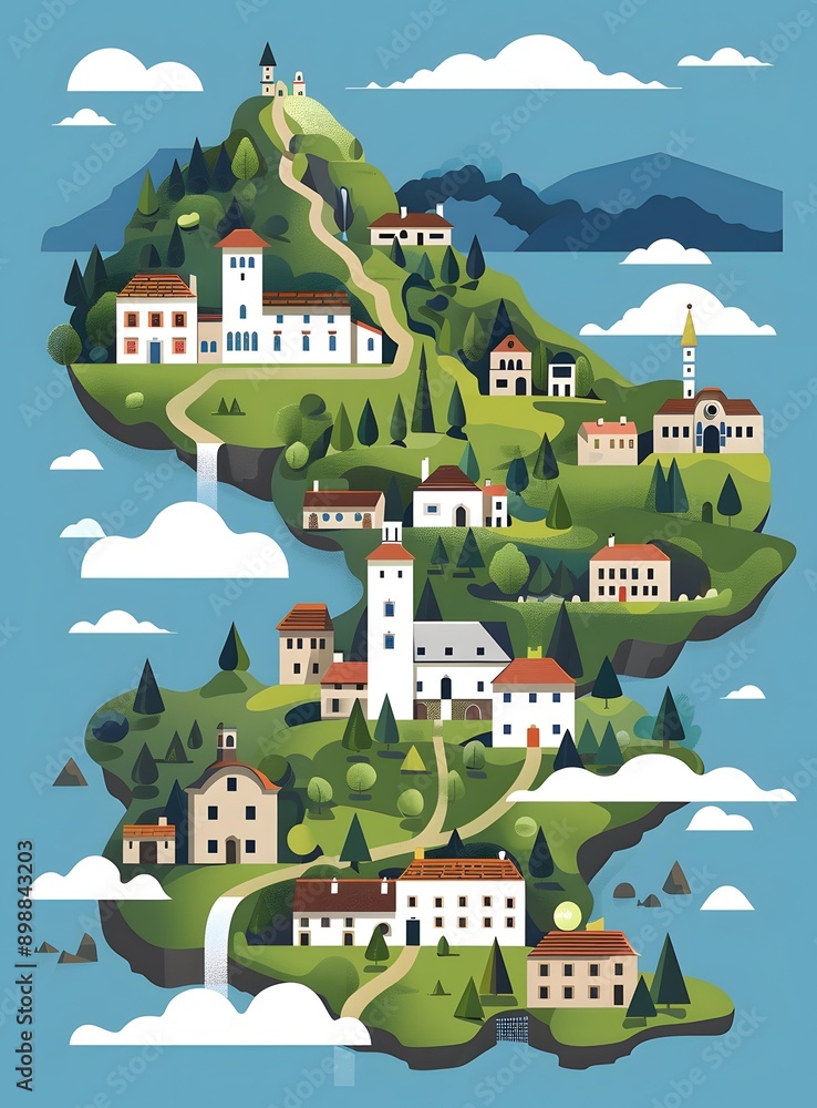Illustration of a Small Village with Houses on a Hilltop Illustration of a Small Village with Houses on a Hilltop