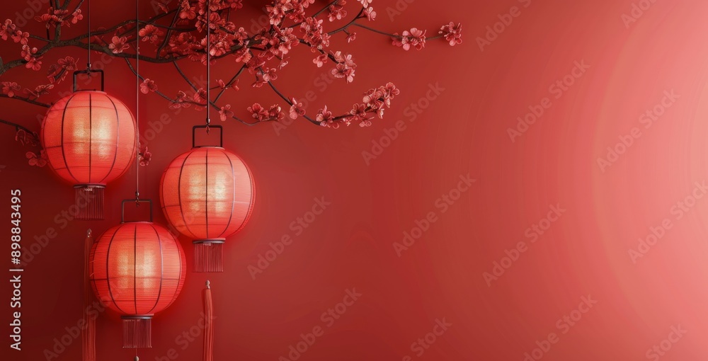 Red Chinese Lanterns Hanging Against a Red Wall Red Chinese Lanterns Hanging Against a Red Wall