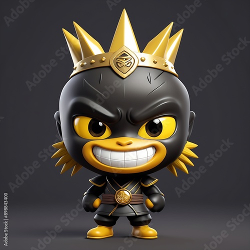 3D Blackskinned, cartoon warrior with golden crown & outfit. Ideal for fantasy themed designs, gaming illustrations, diverse character concepts. 2 photo