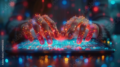 Person Typing on Laptop With Colorful Lights