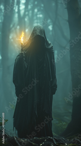 A mysterious hooded figure holding a glowing staff stands in a foggy forest, evoking a sense of fantasy and mysticism.