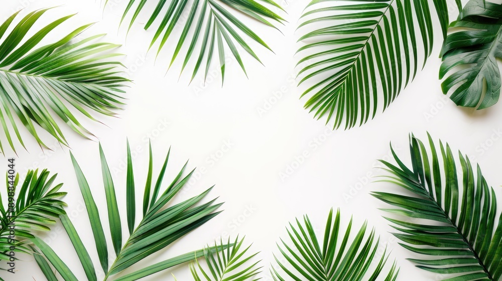 Tropical palm tree leaves on white background top view Tropical palm tree leaves on white background top view