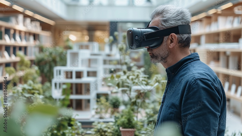 A man explores a virtual reality environment in a lush, plant-filled setting, showcasing the fusion of technology and nature.
