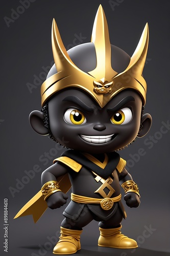 3D Blackskinned, cartoon warrior with golden crown & outfit. Ideal for fantasy themed designs, gaming illustrations, diverse character concepts. 16 photo