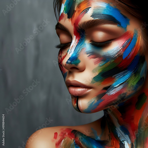 Fashion art portrait of young beautiful woman with creative make-up photo