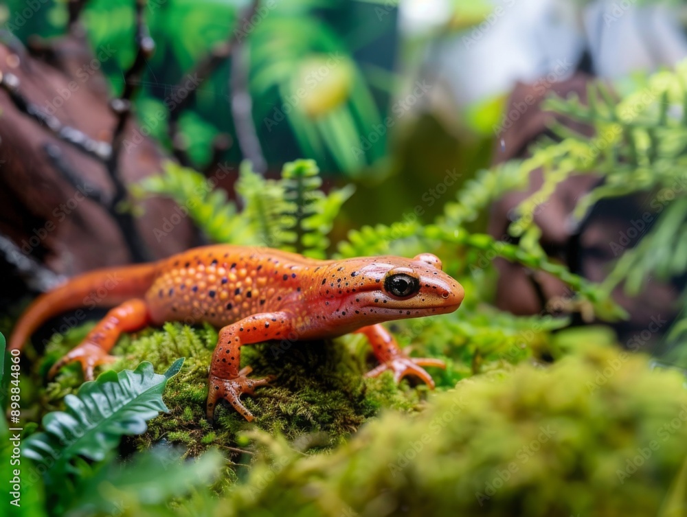 Close-up of a vibrant red salamander on a mossy forest floor, surrounded by lush green foliage and natural habitat Close-up of a vibrant red salamander on a mossy forest floor, surrounded by lush green foliage and natural habitat