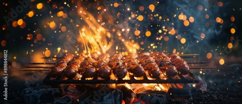 Skewer of Meat Roasting Over Fire