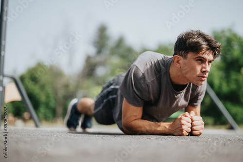 Bilde på lerret Man performing a plank exercise outdoors in a park, demonstrating focus and dedication to fitness