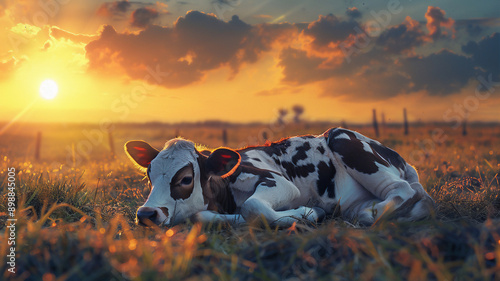 A cute baby cow is laying next to the mother in in pasture during sunset with a beautiful skyscape; a spring background with copy space and sun rays 